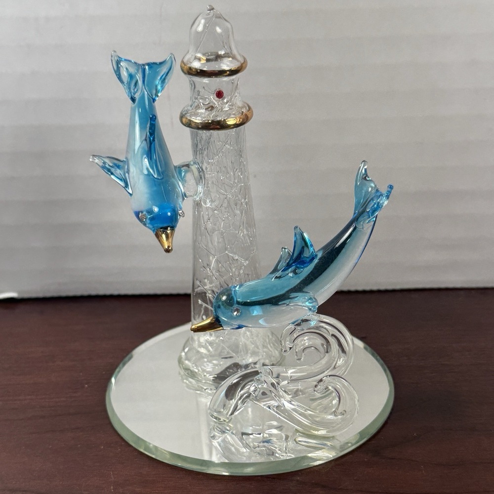 Art Glass Mini 4” Lighthouse w/Dolphins Leaping Waves Beveled Mirror Blue Gold
